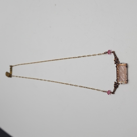 Pididdly Links Jewelry - Art Nouveau Necklace Pididdly Links Kingston NY Pink Carved Glass Brass 14" VTG